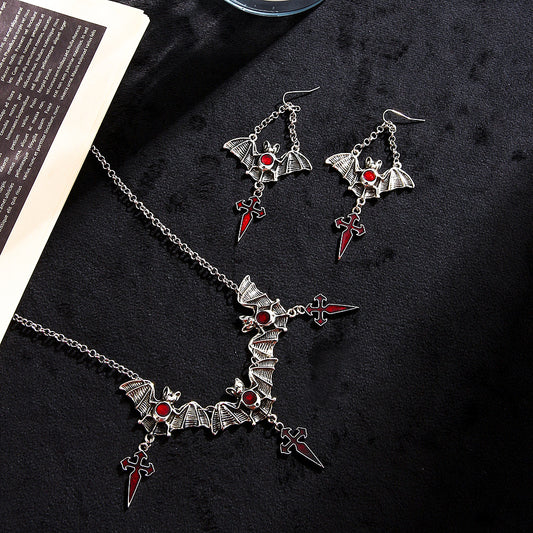 Goth Wind Exaggerated Red Water Drop Bat Cross Pendants