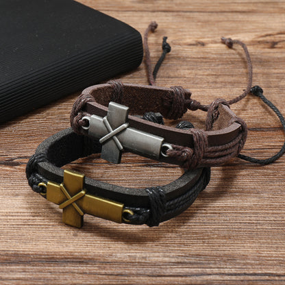 Men's Retro Style Cross Leather Alloy Woven Bracelets