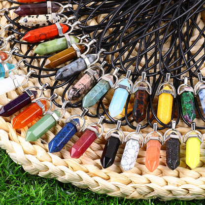 Crystal Natural Stone Hexagon Prism Free Wax Rope Pendants