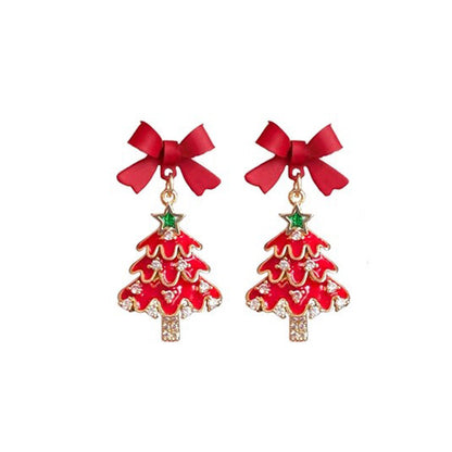 Christmas Female Red Bow Colorful Tree Earrings