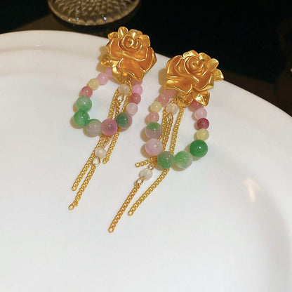 Women's Flower Gourd Pearl Tassel Niche Retro Ear Hook Light Earrings