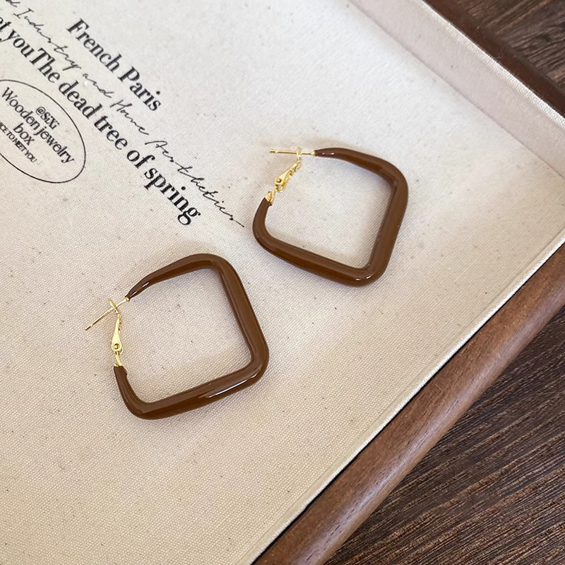 Women's Retro Square Round Brown Drop Oil Ear Earrings