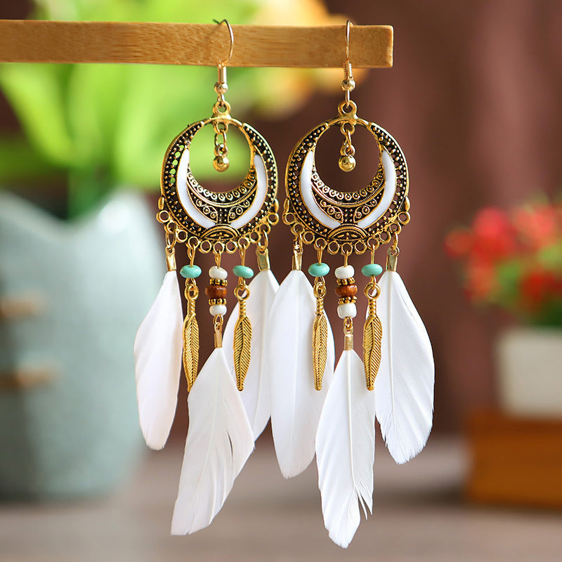 Ethnic Style Long Feather Temperamental Tassels Personality Earrings