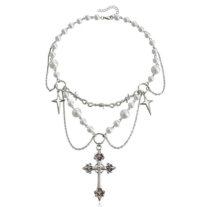 Women's Ornament Design Bright Pearl Tassel Cross Necklaces