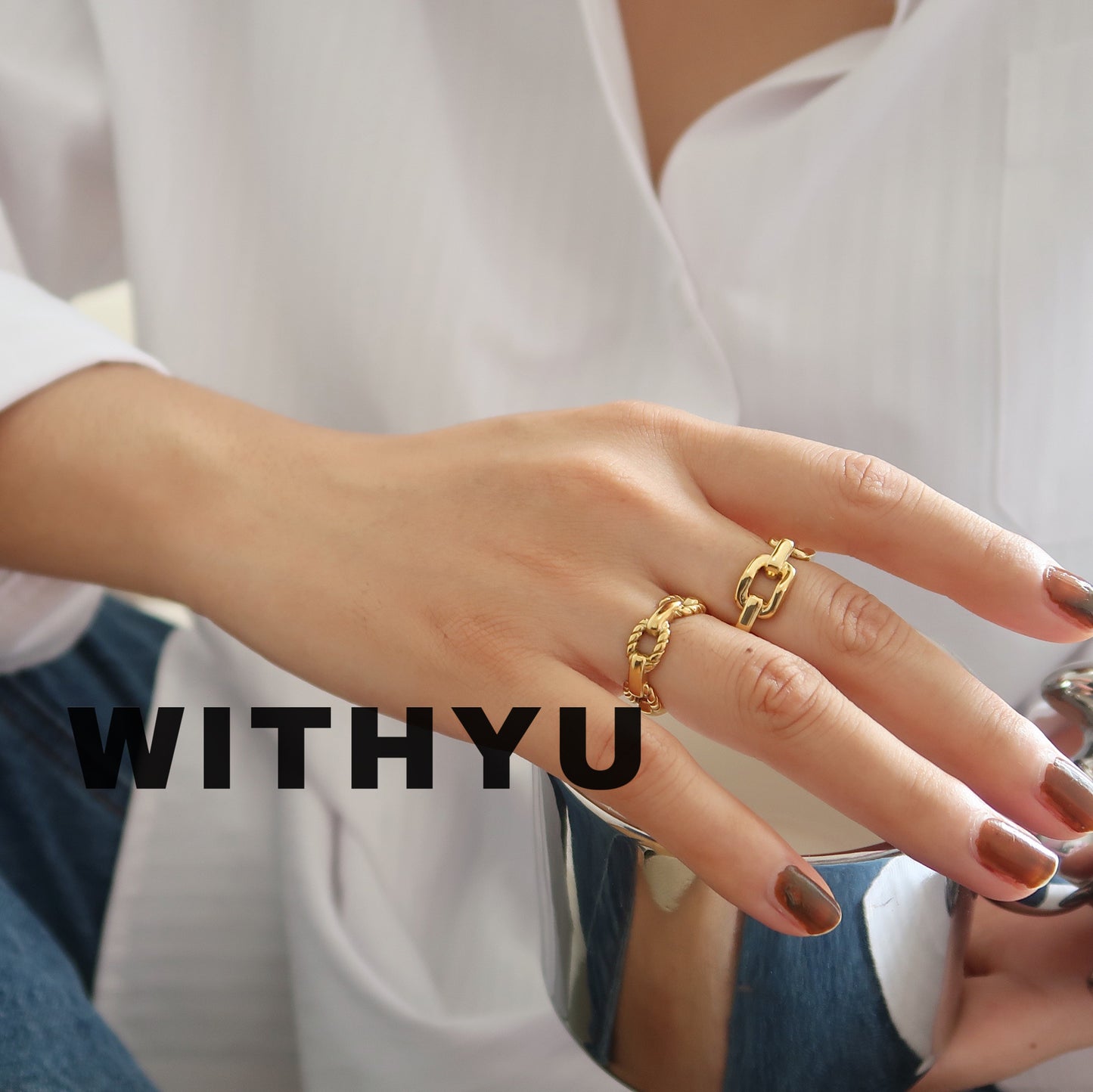 With Yu Ornament Square Chain Female Personality Titanium Rings