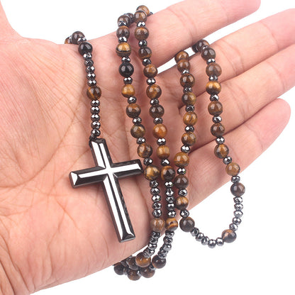 Religious Cross Black Flash Matte Haematite Long Necklaces