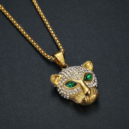 Women's & Men's Inlaid Green Red Diamond Eyes Leopard Head Pendants