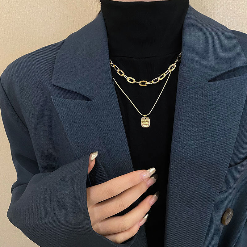 Women's Luxury Minority Design Sweater Chain English Square Plate Necklaces