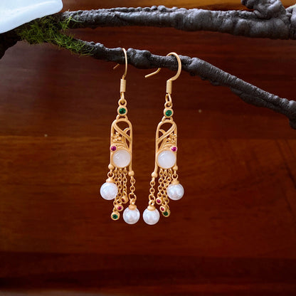 Women's Flower Gourd Pearl Tassel Niche Retro Ear Hook Light Earrings