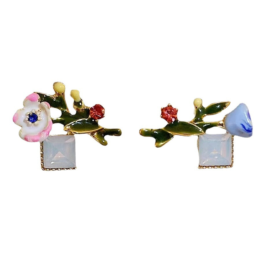 Retro Enamel Glaze Flower Zircon Sier Earrings