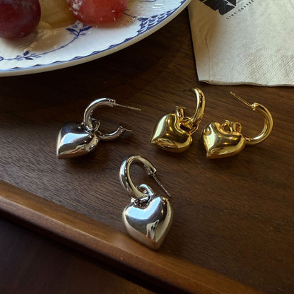 Real Gold Love Heart Middle Ancient Earrings