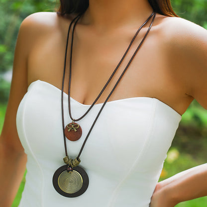 Ethnic Style Retro Round Wood Piece Female Necklaces