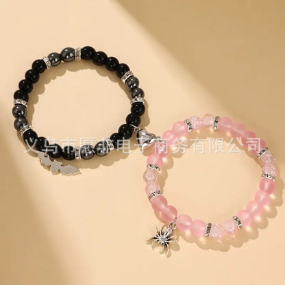 Bat Spider Couple Pink Black Beaded Personality Bracelets