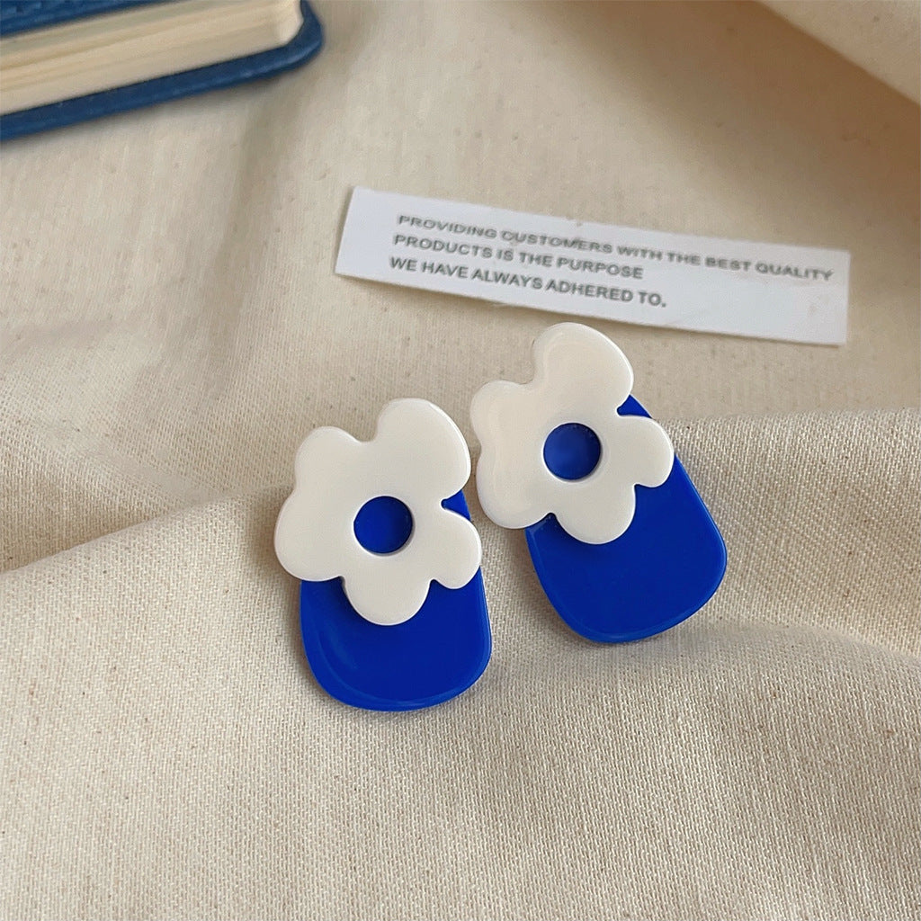 High-grade Sense Blue Color Enamel Design Blooming Earrings