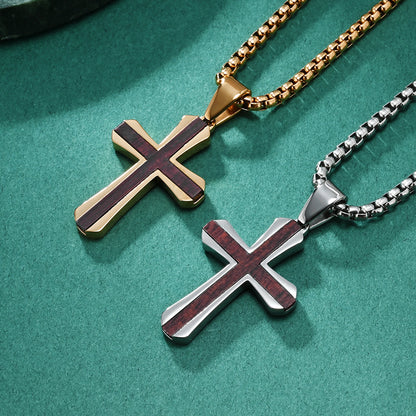 Simple Two-tone Cross Fashionable Stainless Steel Inlaid Padauk Pendants