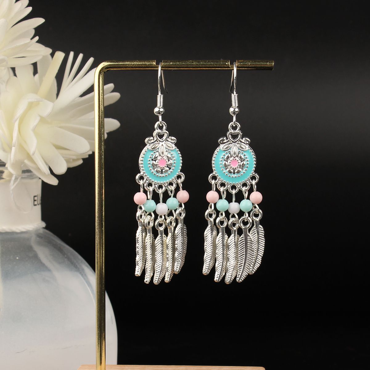 Tassel Turquoise Retro Imitation Miao Sier Minority National Style Earrings