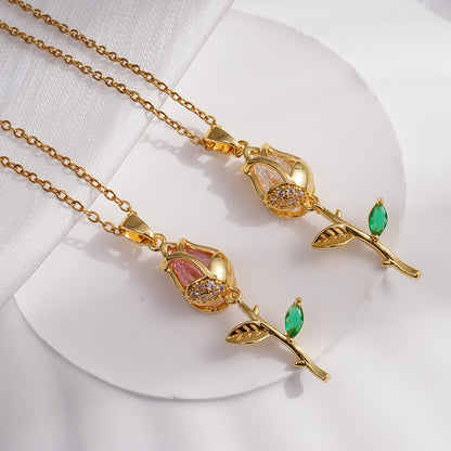 Steel Female Gold Opal Tulip Design Necklaces