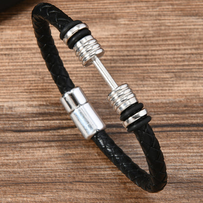 Men's Dumbbell Black Leather Woven Football Personalized Bracelets