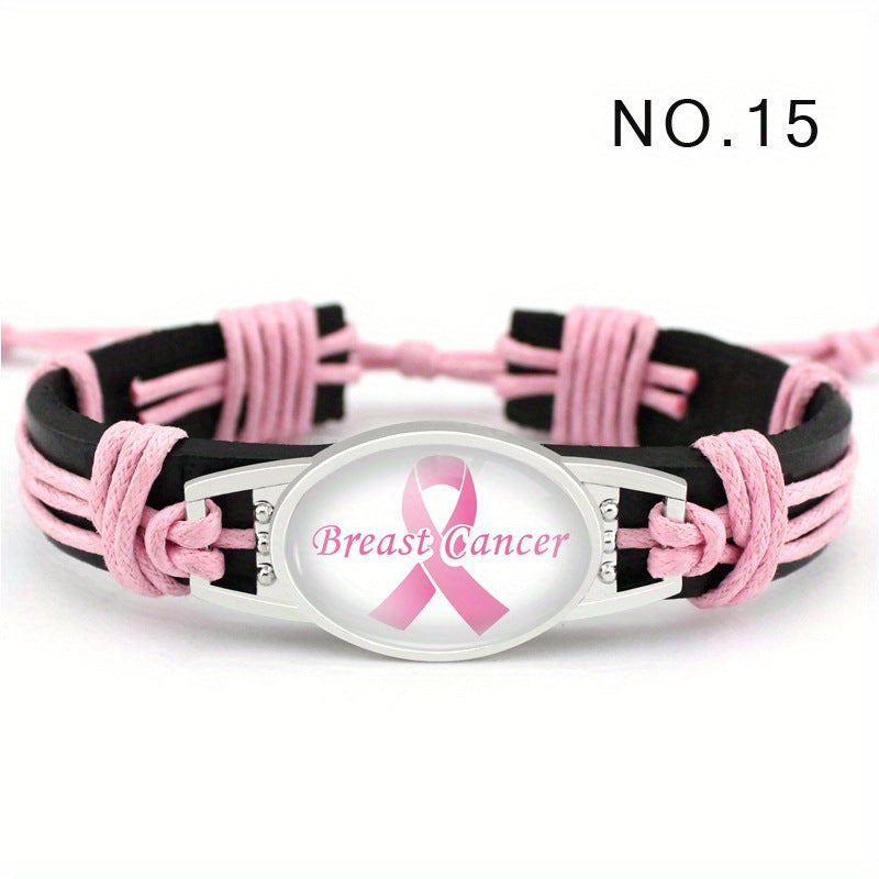 Pink Ribbon Handmade Braided Leather Wax Bracelets