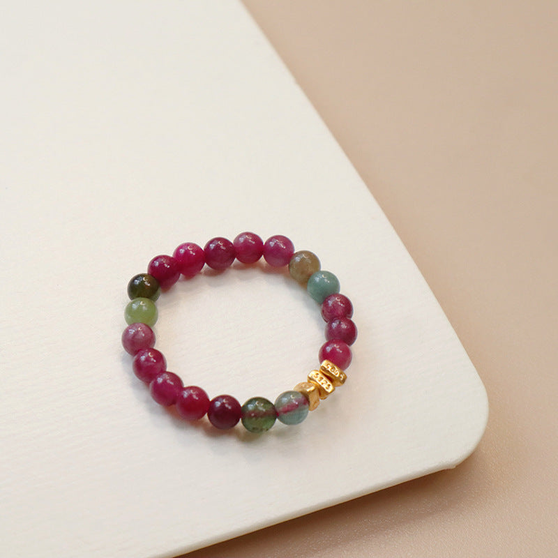 Tourmaline Sterling Sier Chinese Style Strawberry Quartz Charm Elastic Rings