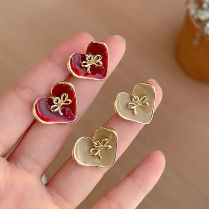 Women's Vintage Bow Drop Oil Love Heart Sier Needle Red Earrings