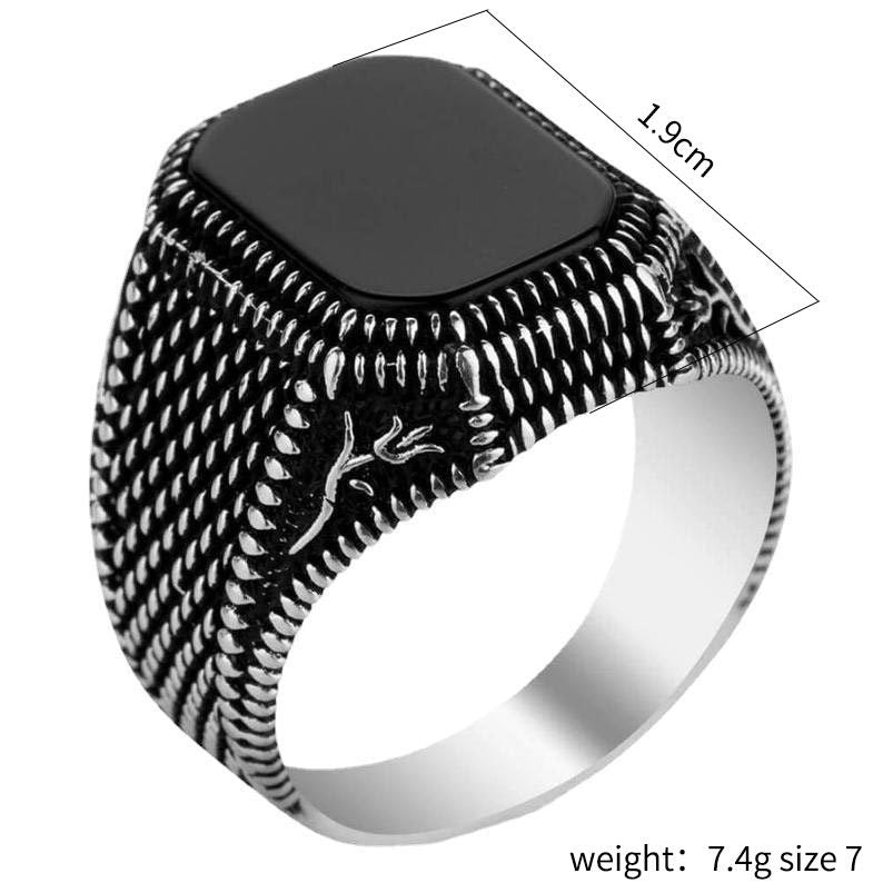 Men's Vintage Natural Black Square Agate Texture Rings