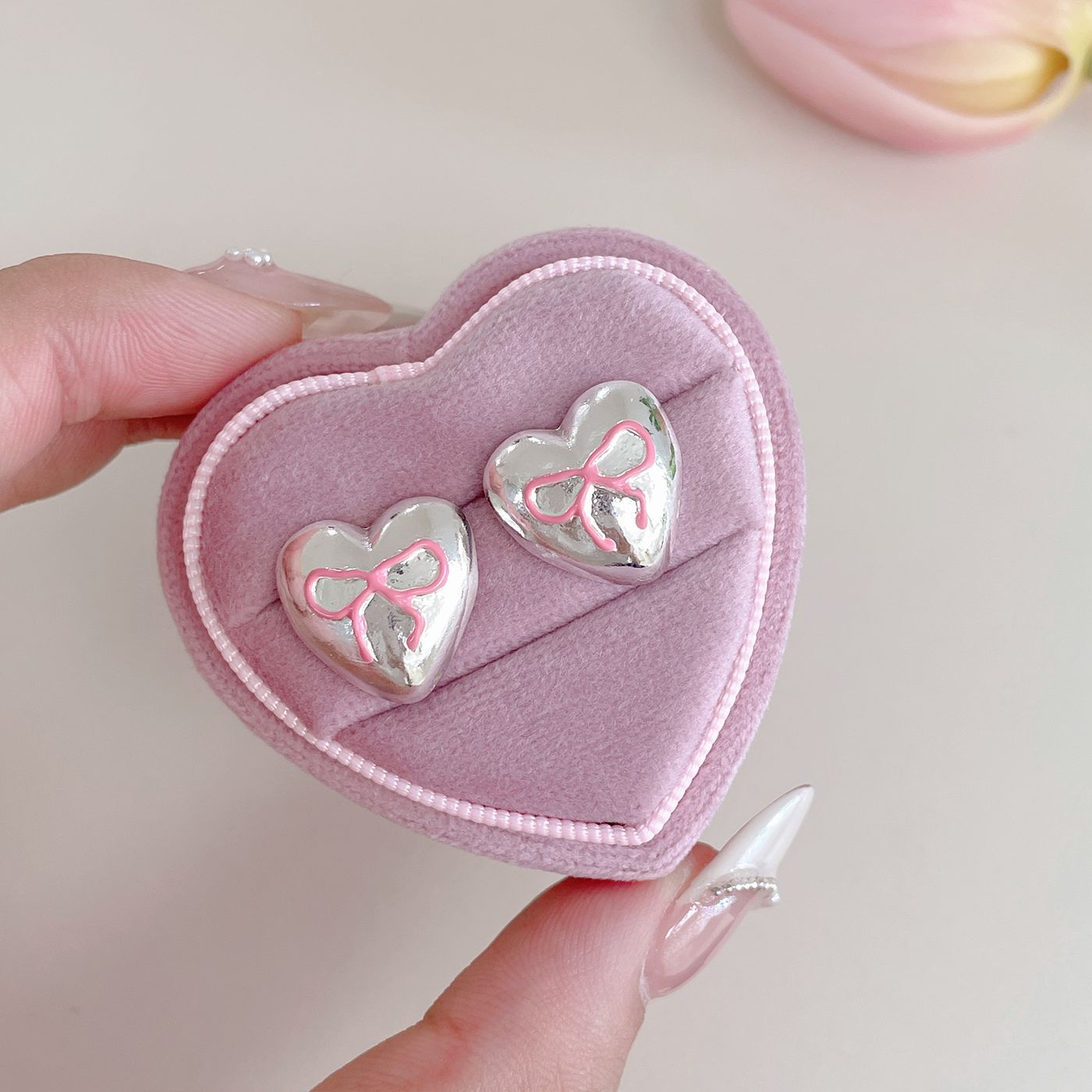 Women's Sweet Pink Bow Love Heart Sier Earrings