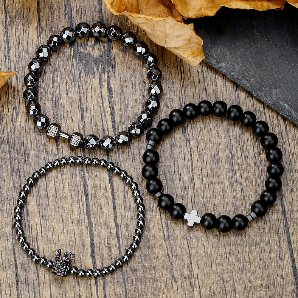 Men's Beaded Suit Haematite Cross Dumbbell Zircon Bracelets