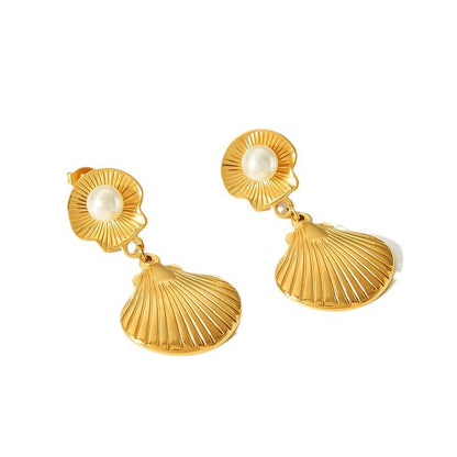 Women's Fashion Shell Pearl Gold Summer Stainless Earrings