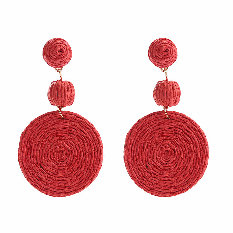 Bohemian Raffia Round Summer Beach Vacation Earrings