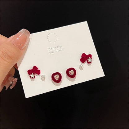 Red Flocking Bow Love Heart Suit Earrings