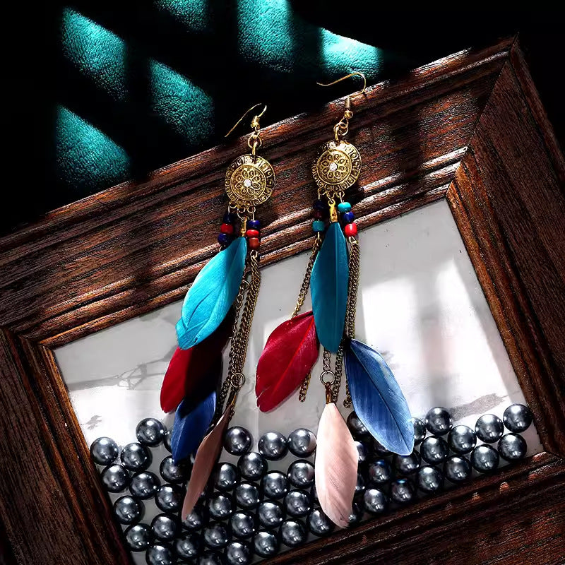 Ethnic Style Long Feather Temperamental Tassels Personality Earrings