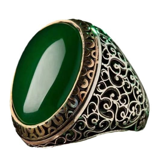 Men's Vintage Natural Emerald Distressed Sier Carved Rings