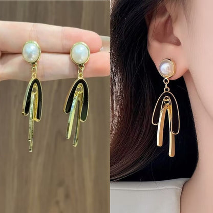 Women's Sier Needle Geometric Pearl Fashion Tassel Earrings