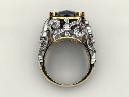 Blue Fat Square Gem Two-color Pattern Rings