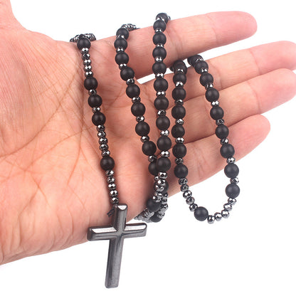 Religious Cross Black Flash Matte Haematite Long Necklaces