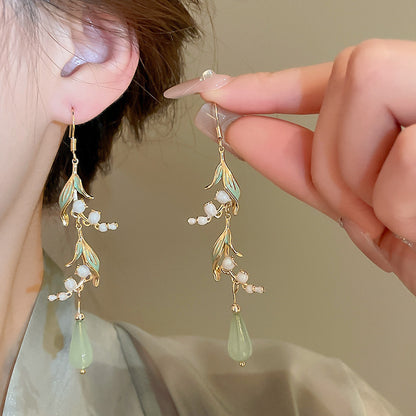 Women's Flower Gourd Pearl Tassel Niche Retro Ear Hook Light Earrings