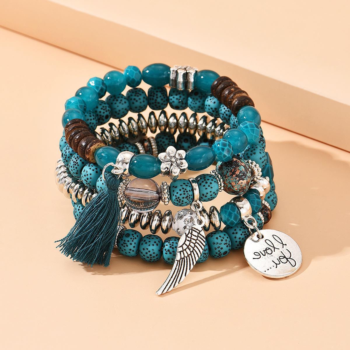 Crystal Contrast Color Turquoise Leaf Tassel Bracelets