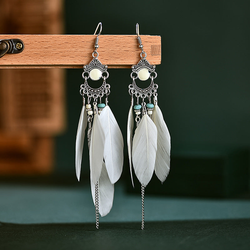 Ethnic Style Long Feather Temperamental Tassels Personality Earrings