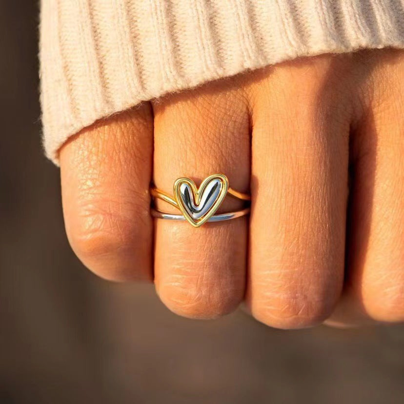 Women's Irregular Two-color Love Two-piece Copper Rings