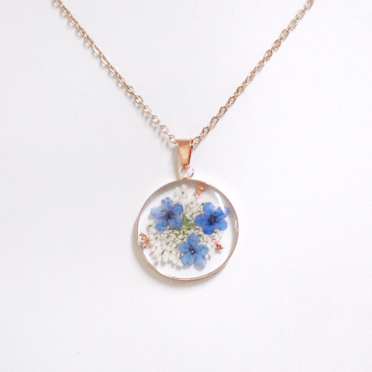 Rose Gold Myosotis Real Flower Dried Jewelry Transparent Resin Pendants