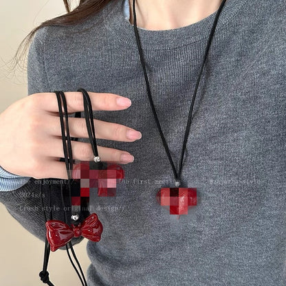 Women's Red Bow Minimalist Sweater Chain Minority Black Leather Necklaces