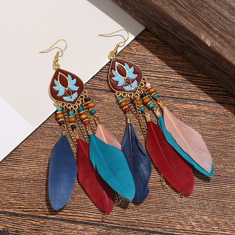 Long Feather Ethnic Style Tassel Yunnan Earrings