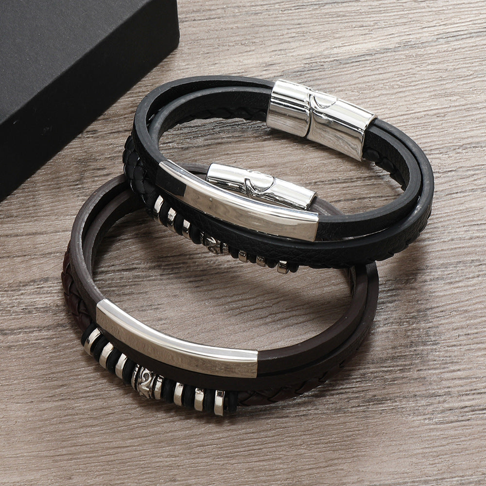 Men's String Beads Leather Handmade Braided Rope Bracelets