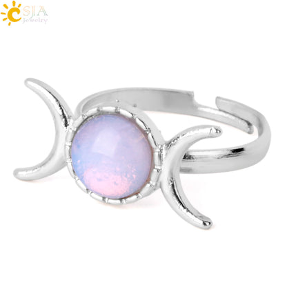 Women's Vintage Crescent Moon Sun Adjustable Sier Natural Stone Rings