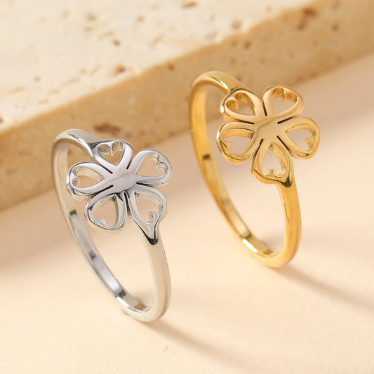 Steel Flower Niche High-grade Hollow Five-leaf Love Heart-shaped Rings