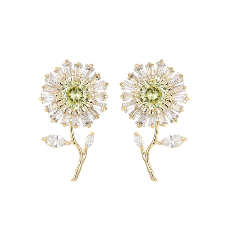 High-grade Zircon Inlaid Sier Needle Niche Designer Sunflower Earrings