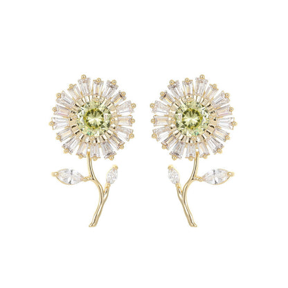 High-grade Zircon Inlaid Sier Needle Niche Designer Sunflower Earrings