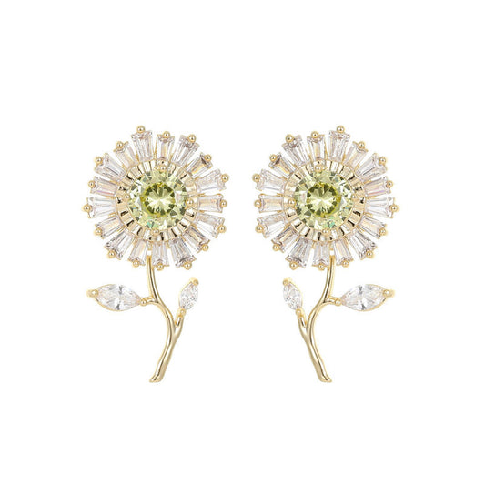 High-grade Zircon Inlaid Sier Needle Niche Designer Sunflower Earrings