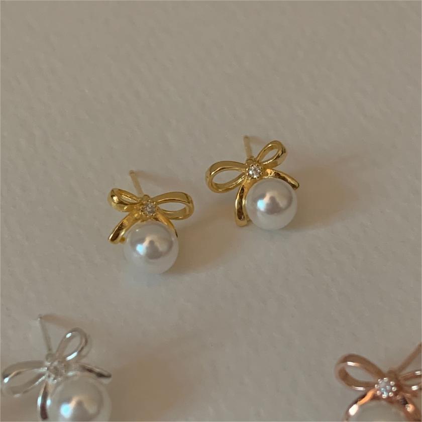 Korean Style Sterling Sier Bow Pearl Earrings